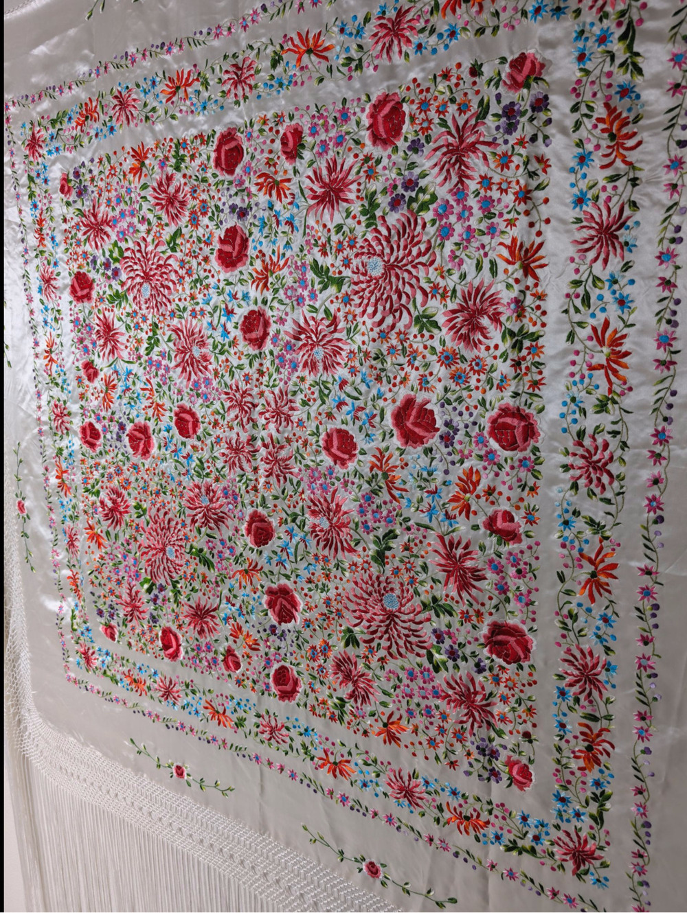 Antique Rare Manton De Manila Embroidered Florals Silk Flamenco Piano Shawl